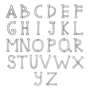 May include: A complete alphabet from A to Z rendered in a black and white line art style. Each letter is constructed from individual bone shapes, featuring distinct joints and rounded ends, arranged in a grid format on a plain white background.