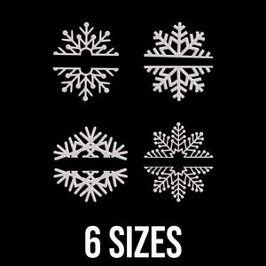 Pode incluir: Quatro desenhos de flocos de neve brancos com uma barra horizontal no centro, sobre um fundo preto. O texto "6 SIZES" é exibido em branco na parte inferior. Estes desenhos são ideais para trabalhos manuais com tema de inverno.