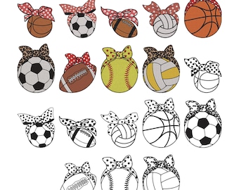 Disegno per ricamo a macchina con bandana leopardata e palloni sportivi - Disegno per ricamo a macchina con fiocco e palloni sportivi - File di ricamo a macchina per giocatori sportivi - 7 misure