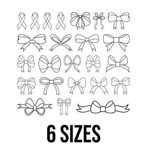 May include: A collection of black and white line art bows in various styles. The image includes a variety of bow designs, from simple ribbon bows to more elaborate styles. The text "6 SIZES" is displayed in bold, black font at the bottom of the image.