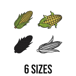 May include: Four illustrations of corn on the cob in different styles: a detailed colour drawing, a simplified colour drawing, a black silhouette, and a black and white outline. The text "6 SIZES" is displayed below.