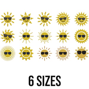 May include: A collection of yellow sun designs wearing black sunglasses. The suns have various ray patterns and shapes. The text "6 SIZES" is displayed in bold, black font at the bottom of the image.