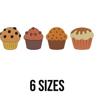 May include: Four illustrated muffins in various styles and colours, including brown, orange, and tan. The muffins have different toppings and textures. The text "6 SIZES" is displayed in black, indicating size options.