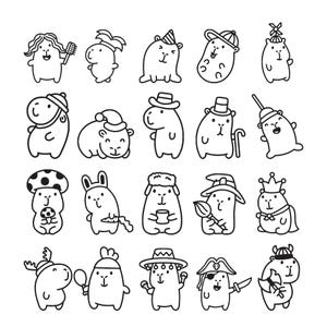 Può includere: Una collezione di venti illustrazioni a linee bianche e nere che raffigurano capibara in vari costumi e pose, tra cui un capibara con una spazzola per capelli, un cappello da festa, un cappello a fungo, un cappello da mago e una corona.