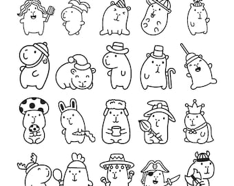 Disegno per ricamo del contorno di un capibara - Capibara con diversi cappelli e costumi - File per ricamo a macchina - 8 dimensioni