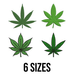 May include: Four green cannabis leaf designs on a white background. The leaves vary in style, with some featuring detailed veins and others a simpler outline. The text "6 SIZES" is displayed in bold, black font below the leaves.