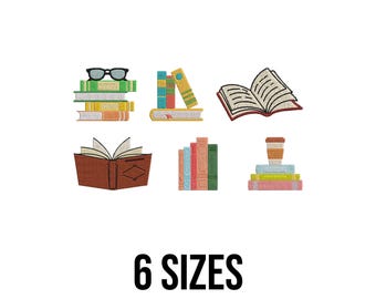 Diseño de bordado de pila de libros - Diseño de bordado de libro abierto - Diseño de bordado de libros - Archivos de diseño de bordado a máquina escolar - 6 tamaños
