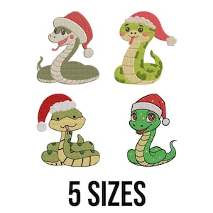 May include: Four embroidered snake designs wearing Santa hats in shades of green, red, and white. The text "5 SIZES" is displayed in black, indicating available size options for the designs. The snakes have various poses and expressions.