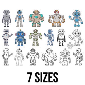 Può includere: Illustrazioni di robot colorati in vari design. Alcuni robot sono colorati in tonalità di blu, verde e arancione, mentre altri sono delineati in nero. Il testo "7 TAGLIE" è visualizzato sotto i robot.