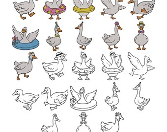 Disegno per ricamo di un'oca estiva - Simpatico disegno per ricamo di un'anatra - Ricamo di oche da spiaggia - File di disegno per mini ricamo a macchina - 8 dimensioni