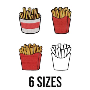 Pode incluir: Quatro desenhos bordados de batatas fritas em diferentes recipientes. Dois desenhos estão em recipientes listrados em vermelho e branco, dois em recipientes vermelhos e um é um contorno em preto e branco. O texto "6 SIZES" está abaixo.