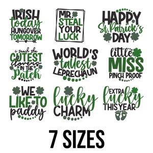 Può includere: Una collezione di disegni a tema San Patrizio in verde e nero, con frasi come "Irish today, hungover tomorrow" e "Happy St. Patrick's Day". L'immagine include anche il testo "7 Sizes."