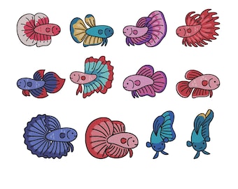 Betta Fish Embroidery Design - Siamese Fighting Fish Embroidery Design - Ikan Cupang Embroidery - Machine Embroidery Design Files - 8 Sizes