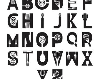 Ricamo con font Chef - Alfabeto da cucina per ricamo - Lettere a forma di cucchiaio e coltello per ricamo a macchina - 8 dimensioni