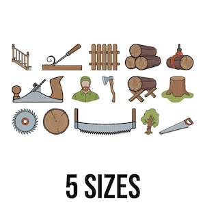 May include: A collection of illustrated woodworking tools and elements, including a staircase, saw, fence, logs, and a lumberjack. The image also features a hand saw, tree, and the text "5 SIZES" in a bold, black font.