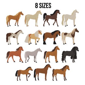 Puede incluir: Imagen que presenta varias ilustraciones de caballos en diferentes colores y patrones. El texto "8 TAMAÑOS" se muestra en la parte superior. Los caballos se representan en varias poses, mostrando sus diferentes apariencias.