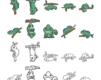 Chameleon Set Embroidery Design - Cute Chameleon on Branch Embroidery Design - Hanging Chameleon Machine Embroidery Design Files - 8 Sizes