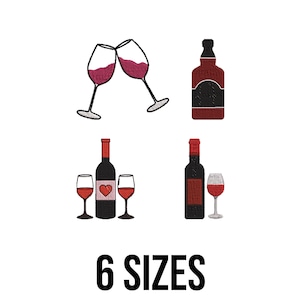 Wine Bottle and Glasses Embroidery Design - Wine Lovers Embroidery Design - Mini Wine Bottles Machine Embroidery Design Files - 6 Sizes