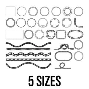 May include: Black and white graphic featuring various rope designs, including circles, squares, and lines. The image also includes rope knots and frames. The text "5 SIZES" is displayed at the bottom.