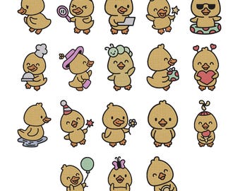 Ricamo di una simpatica anatra sorridente - Anatra sorridente che galleggia, mangia, studia, festeggia, legge e riposa - File di ricamo a macchina - 8 dimensioni
