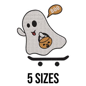 May include: An embroidered design of a white ghost with black eyes, a red tongue, and a pumpkin-shaped candy bucket. The ghost is riding a skateboard and has a speech bubble saying "BOO". The text "5 SIZES" is below the design.