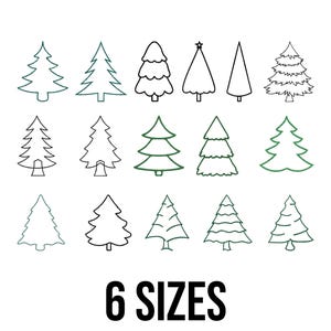May include: A collection of Christmas tree illustrations in various styles and outlines, including solid and outlined designs. The image features trees in green and black, with the text "6 SIZES" at the bottom.