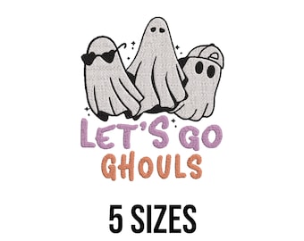 May include: An embroidered design featuring three cartoon ghosts. One ghost wears heart-shaped sunglasses, another a baseball cap. The phrase "LET'S GO GHOULS" is in purple and orange text. Below, the text reads "5 SIZES".