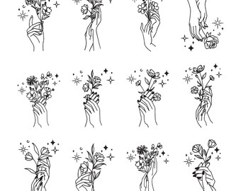 Feminine Floral Hand Embroidery Design - Feminine Hands Holding Flowers Embroidery Design - Mini Machine Embroidery Design Files - 8 Sizes