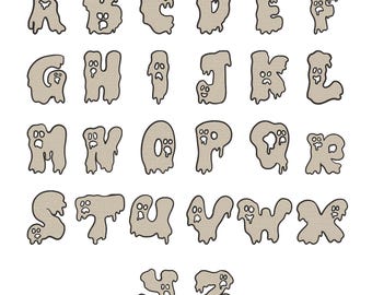 Disegno per ricamo con carattere fantasma spettrale - Alfabeto di Halloween con lettere fantasma da ricamare - File di ricamo per macchina da ricamo - 8 dimensioni