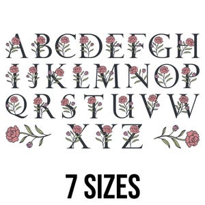 May include: An alphabet in a serif font, each letter decorated with a pink rose and green leaves. The text "7 SIZES" is displayed in a bold, black font below the alphabet, all set against a white background.