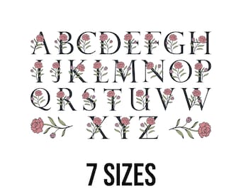 Floral Alphabet Embroidery Design - Floral Font Embroidery Design - Mini A-Z Alphabet with Flower Machine Embroidery Design Files - 7 Sizes