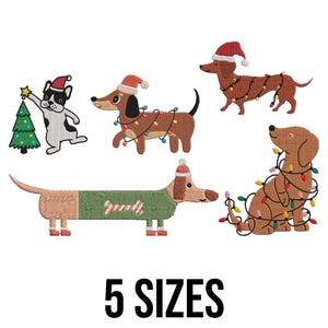 May include: Embroidered Christmas-themed dog designs. Includes a French Bulldog decorating a tree, Dachshunds with Santa hats and string lights, and a Dachshund wearing a green sweater. The text "5 SIZES" is at the bottom.