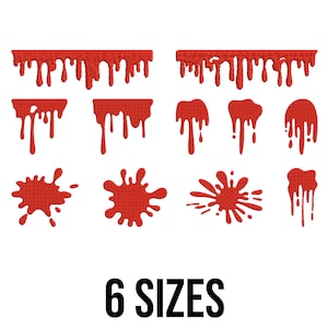 May include: A collection of red blood drip and splatter designs. The image includes various shapes and sizes of dripping blood and splatters, with the text "6 SIZES" in black at the bottom. These designs are likely for crafting or digital art projects.