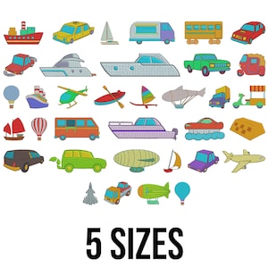 May include: A collection of colorful cartoon illustrations of various vehicles, including cars, boats, planes, and hot air balloons. The text "5 SIZES" is displayed in bold, black font at the bottom of the image.