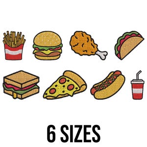 Fast Food Embroidery Design- Burger, Fries, Pizza Slice, Sandwich, Hotdog, Chicken, Taco, Cold Drink Machine Embroidery Design Files -6Sizes