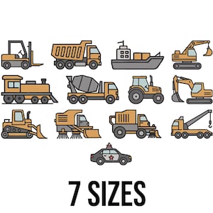 Pode incluir: Conjunto ilustrado de veículos de construção e transporte em tons de amarelo, cinza e preto. Inclui uma empilhadeira, um caminhão basculante, um navio, uma escavadeira, um trem, uma betoneira, um trator, uma escavadeira, uma varredora, um guincho e um carro de polícia. O texto na parte inferior diz "7 SIZES."