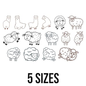 May include: A selection of line drawings of sheep and alpacas in different positions. The image features the text "5 SIZES" in a bold, black font, suggesting multiple size choices for the designs. The illustrations are in black and white.