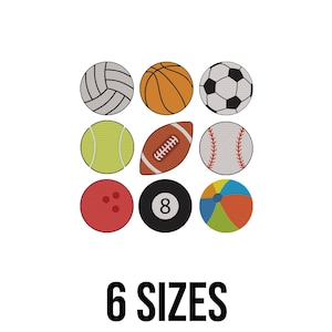 May include: Nine colorful sports balls including a volleyball, basketball, soccer ball, tennis ball, football, baseball, bowling ball, 8-ball, and beach ball. The text "6 SIZES" is displayed below the balls.