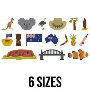 May include: A collection of embroidered Australian icons, including a kangaroo, koala, ostrich, hat, tree, surfboard, flag, map, boomerang, pineapple, cricket bat, bridge, and clownfish. The text "6 SIZES" is displayed below the icons.