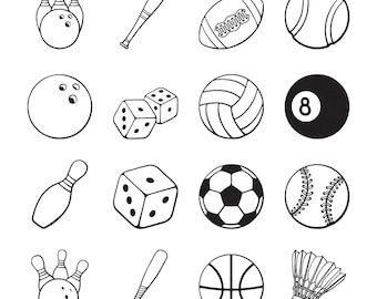 Ricamo a macchina con contorni di palloni sportivi - Mazza da baseball, Pallavolo, Palla da tennis, Softball, Dadi, Volano - File di disegno per ricamo a macchina - 8 misure