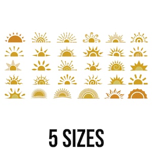 May include: A collection of golden sun designs in various styles, arranged in rows on a white background. The image includes sunbursts, half-sun designs, and stylized suns. The text "5 SIZES" is displayed in bold, black font at the bottom of the image.