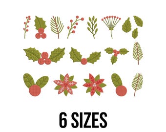 May include: Embroidered Christmas designs featuring holly leaves with red berries, sprigs, and poinsettias in green, red, and brown. The text "6 SIZES" is displayed in black at the bottom of the image.