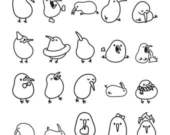 Set di disegni per ricamo con contorno di uccelli kiwi - Kiwi della Nuova Zelanda con diverse passioni - File di ricamo per macchina da ricamo - 8 dimensioni