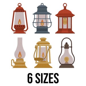 May include: An illustration of six different lanterns in various colors, including red, blue, and yellow. Each lantern has a flame design inside. The text "6 SIZES" is displayed in black at the bottom of the image.