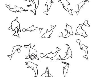 Disegno per ricamo di un delfino - Disegno per ricamo di un delfino che gioca a palla - Ricamo con contorno di delfino - File di disegno per ricamo a macchina - 7 dimensioni