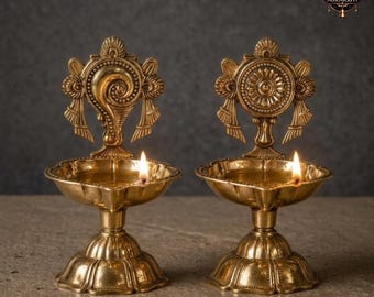 Messing Shanku Chakra Kuber Diya Set | Gold Finish Pooja Lampe | Diwali-Dekor