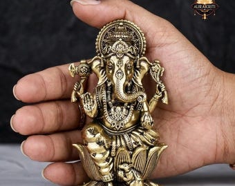 Brass Ganesh Figurine for Home Temple Elephant God Sculpture Indian Decor Gift 4 inch