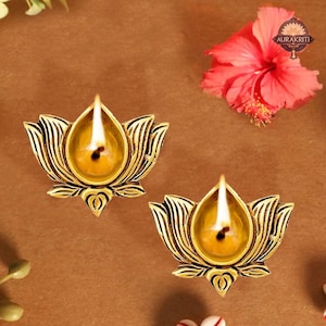 Lotus messing diya set van 2 – Deepak olielamp voor Diwali puja, pooja decor hindoe festival cadeau Indiaas huis tempel decoratie meditatie decor