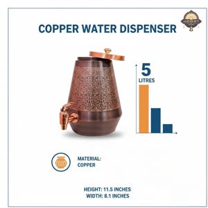 May include: Copper water dispenser with a decorative floral pattern. The dispenser has a copper finish, a spigot, and a lid. It holds 5 liters and measures 11.5 inches high and 8.1 inches wide. The material is copper.