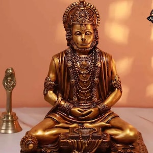 Resin Hanuman Statue with Gada - Hindu Monkey God - Copper Finish